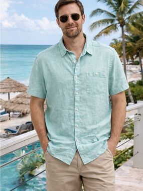 Caribbean Joe Light Mint Short-Sleeve Button-Down Linen Shirt